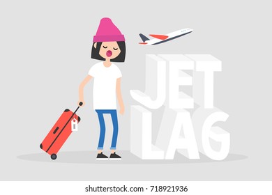 Jet lag conceptual illustration. Young exhausted character yawning at the airport after the flight / flat editable vector illustration, clip art