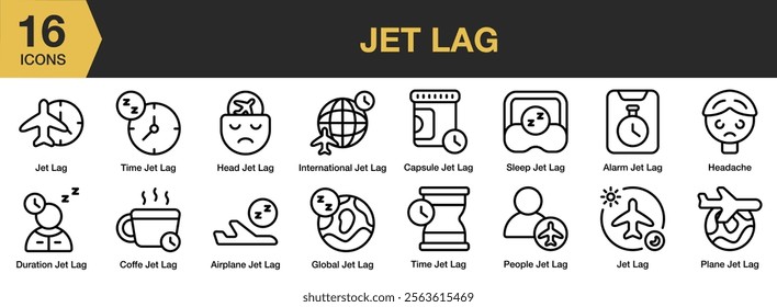 Jet Lag icon set. Includes Jet, Lag, Plane, Tourism, Transportation, Travel, Vacation, and More. Outline icons vector collection.