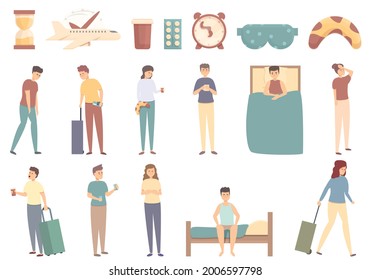 Jet lag icons set cartoon vector. Air flight time. Delivery duration