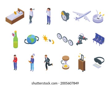 Juego de iconos de jet lag. Conjunto isométrico de iconos vectoriales de jet lag para el diseño web aislado en fondo blanco