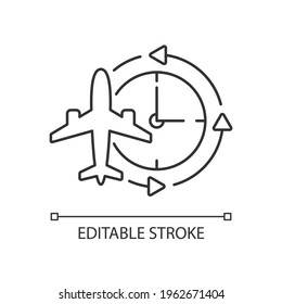 Jet lag linear icon. Sleep disorder. Time zones change due to international flight. Thin line customizable illustration. Contour symbol. Vector isolated outline drawing. Editable stroke