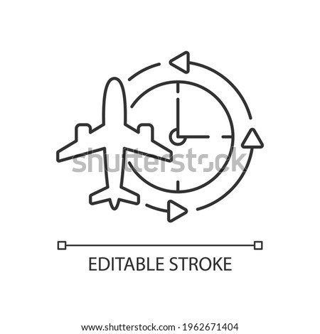 Jet lag linear icon. Sleep disorder. Time zones change due to international flight. Thin line customizable illustration. Contour symbol. Vector isolated outline drawing. Editable stroke