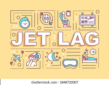 Jet lag word concepts banner. Common sleep disorder, circadian rhythms disruption. Infographics with linear icons on yellow background. Isolated typography. Vector outline RGB color illustration