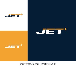 Jet-Buchstabe mit Plane-Icon-Logo-Design-Illustration. Plane-Logo-Design-Inspiration. Jet-Logo-Vorlage