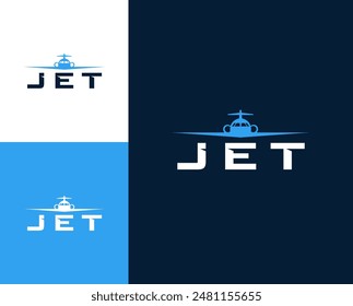 Jet-Buchstabe mit Plane-Icon-Logo-Design-Illustration. Plane-Logo-Design-Inspiration. Jet-Logo-Vorlage