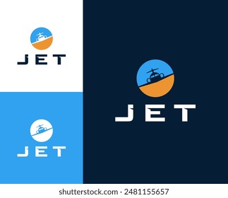 Jet-Buchstabe mit Plane-Icon-Logo-Design-Illustration. Plane-Logo-Design-Inspiration. Jet-Logo-Vorlage