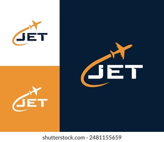 Jet-Buchstabe mit Plane-Icon-Logo-Design-Illustration. Plane-Logo-Design-Inspiration. Jet-Logo-Vorlage