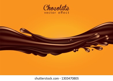 A jet of liquid glossy chocolate with splashes and drops on a yellow background.