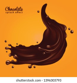 A jet of liquid glossy chocolate with splashes and drops on a yellow background. 3D vector. High detailed realistic illustration
