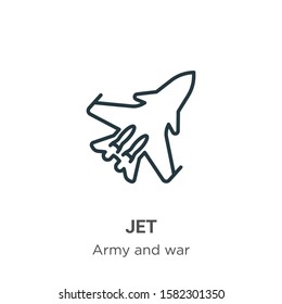 Jet outline vector icon. Thin line black jet icon, flat vector simple element illustration from editable army concept isolated on white background