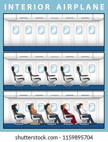 Jet Passenger on the Seat Flight. Aircraft Seats Line in Cabin. Vector illustration