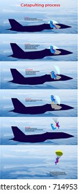  jet pilot in helmet and uniform  leave cockpit  jet plane on blue sky background. pilot training catapulting  process info graphic. vector illustration