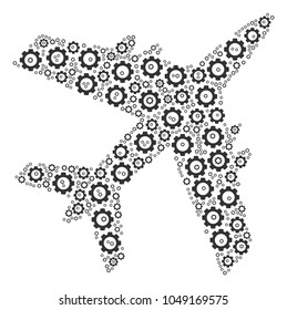 Jet Plane collage of cogwheels. Vector cog wheel elements are grouped into jet plane illustration.