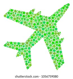 Jet Plane collage of filled circles in various sizes and eco green color hues. Vector circle elements are combined into jet plane mosaic. Eco vector illustration.