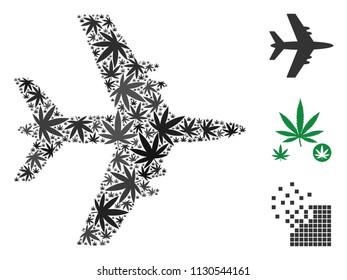 Composición de las hojas de cannabis en planos de chorro en tamaños variables y tonos de color. Las hojas planas de Vector de marihuana se unen en una composición de avión a reacción. Ilustración vectorial de drogas.