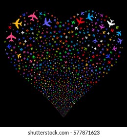 Jet Plane fireworks with heart shape. Vector illustration style is flat bright multicolored iconic symbols on a black background. Object salute constructed from scattered design elements.