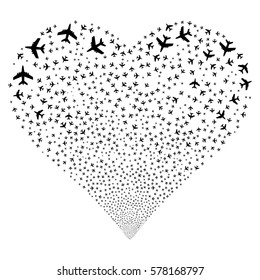Jet Plane fireworks with heart shape. Vector illustration style is flat black iconic symbols on a white background. Object valentine heart organized from confetti design elements.