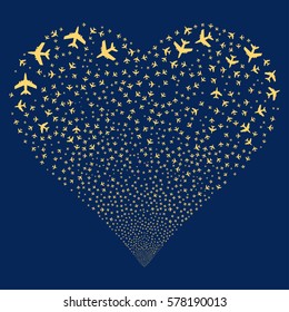 Jet Plane fireworks with heart shape. Vector illustration style is flat yellow iconic symbols on a blue background. Object stream made from scattered pictograms.