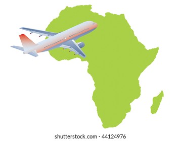 Jet plane flying up with africa map. Vector illustration