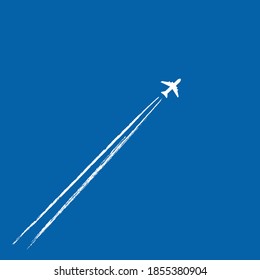 Jet plane flying in the blue sky, leaving vapor trails behind in flight. Vector illustration