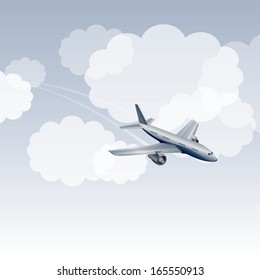 Jet plane flying in clouds