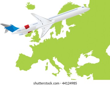 Jet plane flying up with europe map