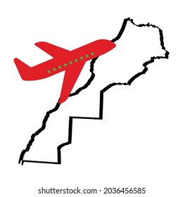 Avión de reacción volando con Morocco Map, 3D Morocco Map Outlines, Avión en el mapa. Concepto de viajes. Cerrar