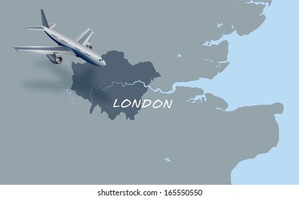jet plane flying over map of London