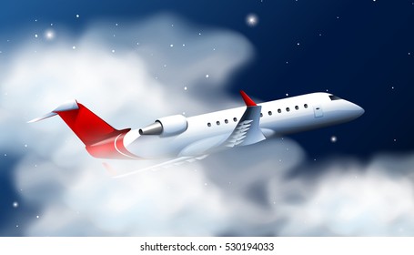 Jet plane flying in the sky at night illustration