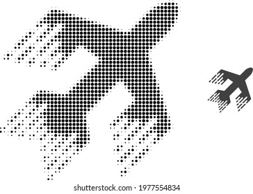 Jet plane halftone dot icon illustration. Halftone pattern contains circle elements. Vector illustration of jet plane icon on a white background. Flat abstraction for jet plane pictogram.