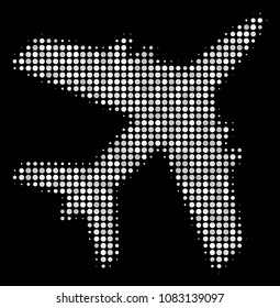 Jet plane halftone vector icon. Illustration style is pixel iconic jet plane symbol on a black background. Halftone pattern is constructed with spheric blots.