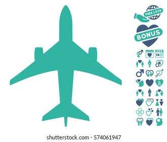 Jet Plane icon with bonus lovely icon set. Vector illustration style is flat iconic cobalt and cyan symbols on white background.