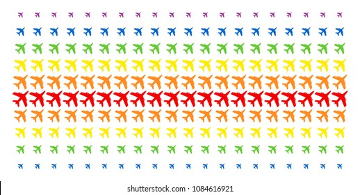 Jet Plane icon rainbow colored halftone pattern. Vector items arranged into halftone grid with vertical spectral gradient. Constructed for backgrounds, covers, templates and abstract compositions.