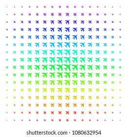 Jet Plane icon spectrum halftone pattern. Vector jet plane objects organized into halftone grid with vertical rainbow colors gradient. Designed for backgrounds, covers and abstract effects.