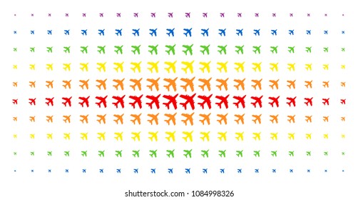 Jet plane icon spectrum halftone pattern. Vector jet plane shapes are arranged into halftone grid with vertical spectrum gradient. Designed for backgrounds, covers, templates and abstract concepts.