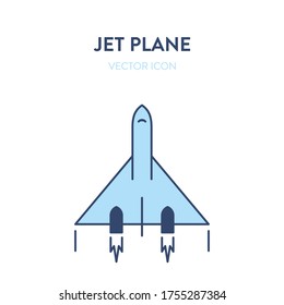 Jet plane icon. Vector flat outline illustration of a small and fast military jet fighter flying. Represents a concept of modern aicraft, supersonic speed, reactive plane and military aviation