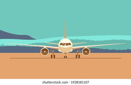 Jet Plane On The Background Of An Abstract Landscape. Front View. Vector Flat Style Illustration.