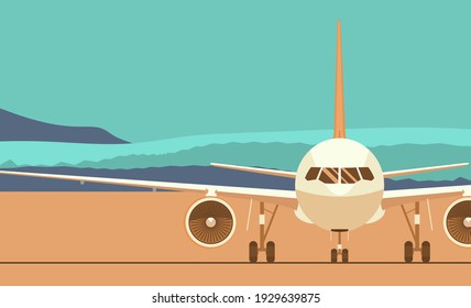 Jet plane on the background of an abstract landscape. Front view. Vector flat style illustration.