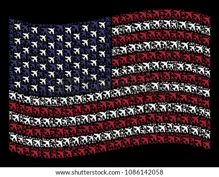 Jet plane pictograms are composed into waving USA flag abstraction on a dark background. Vector collage of American state flag is made with jet plane elements.