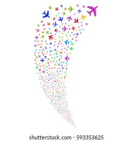 Jet Plane random fireworks stream. Vector illustration style is flat bright multicolored iconic symbols on a white background. Object fountain done from scattered pictograms.