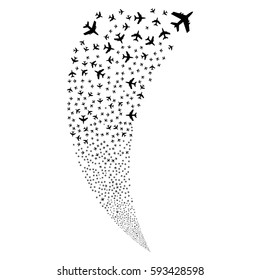 Jet Plane random fireworks stream. Vector illustration style is flat black iconic symbols on a white background. Object fountain made from scattered icons.