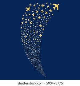 Jet Plane random fireworks stream. Vector illustration style is flat yellow iconic symbols on a blue background. Object fountain made from scattered symbols.