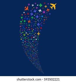 Jet Plane random fireworks stream. Vector illustration style is flat bright multicolored iconic symbols on a blue background. Object fountain made from scattered design elements.