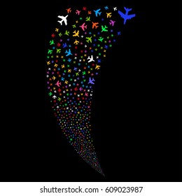 Jet Plane random fireworks stream. Vector illustration style is flat bright multicolored iconic symbols on a black background. Object fountain made from scattered pictographs.