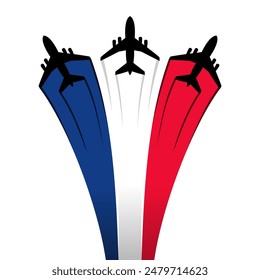 Jet plane with smoke behind it in blue, white and red flying in the sky, Bastille Day Symbol, National day of France Sign, French Revolution.