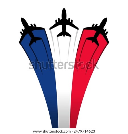 Jet plane with smoke behind it in blue, white and red flying in the sky, Bastille Day Symbol, National day of France Sign, French Revolution.