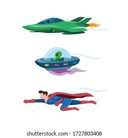 jet plane, ufo and superhero flying fast collection icon set in cartoon flat illustration vector isolated in white background