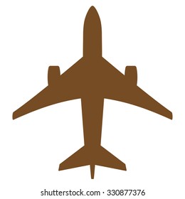 Jet Plane vector icon. Style is flat brown symbol, rounded angles, white background.