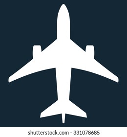 Jet Plane vector icon. Style is flat white symbol, rounded angles, dark blue background.