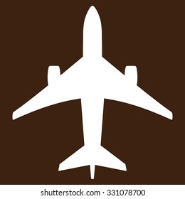Jet Plane vector icon. Style is flat white symbol, rounded angles, brown background.